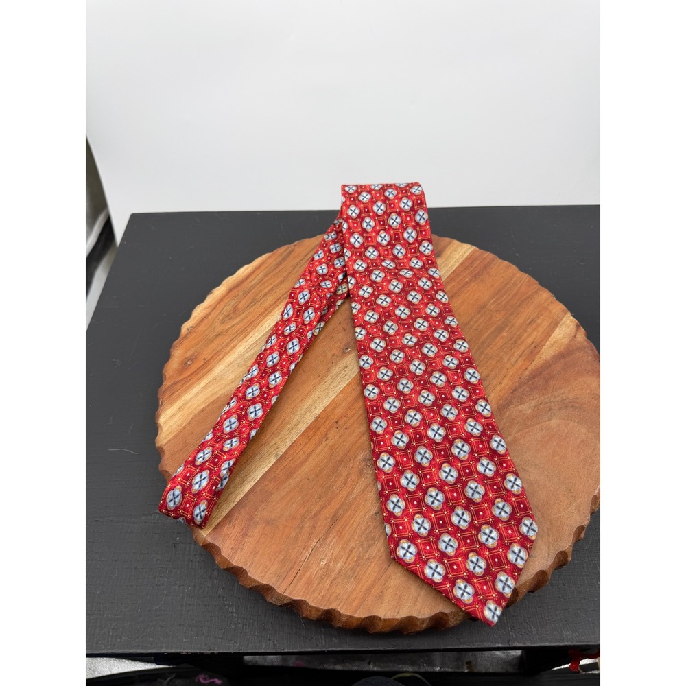 Ermenegildo Zegna Medallion Silk Tie Mens 59" Red Geometric Floral Made In Italy
